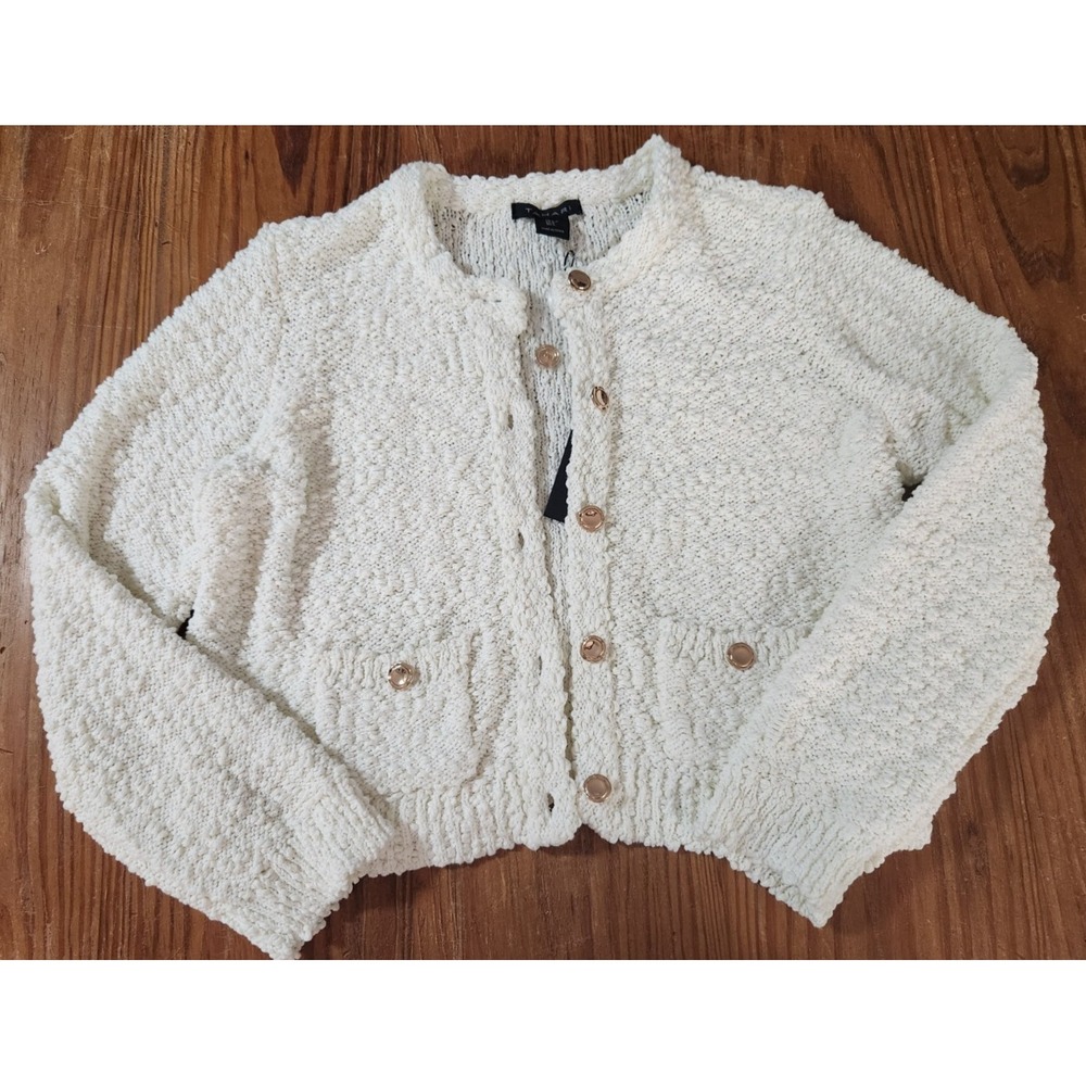 Tahari Textured Knit White Gold Buttons Pockets Cardigan Size Large Classic NWT